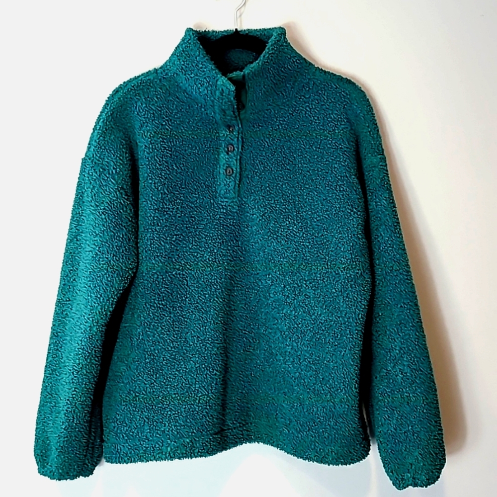 LOFT Green‎ Fleece Pullover Quarter Snap Sweater Size Medium Fall Winter Ski